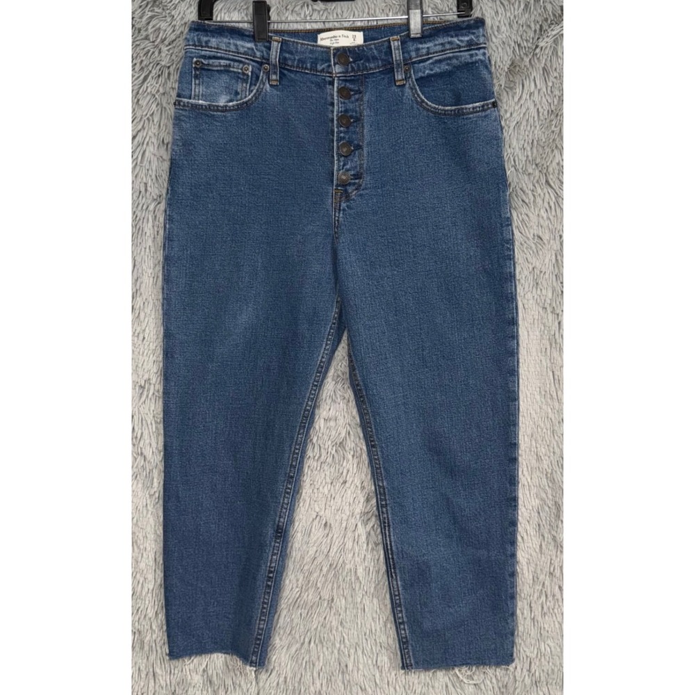 Abercrombie Fitch The Mom High Rise Button Fly Jeans Cutoff Raw Hem Blue Wash